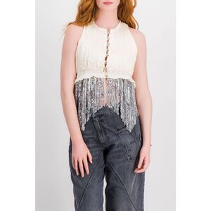 Paco Rabanne Chain Mailk Metallic Sleeveless Fringe Shirred Cream Top Size 40